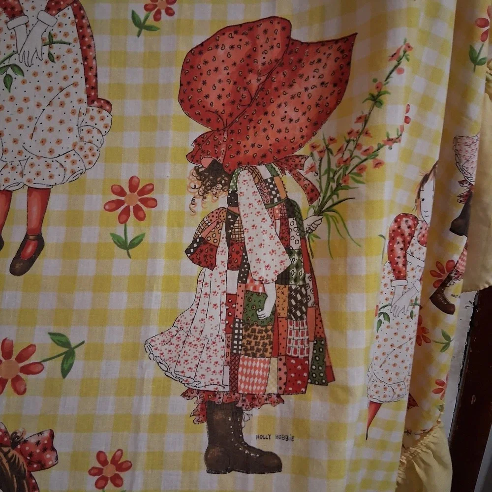 Vintage 1970's Holly Hobbie Thin Style Bedspread Twin Cottagecore Yellow Red AOP